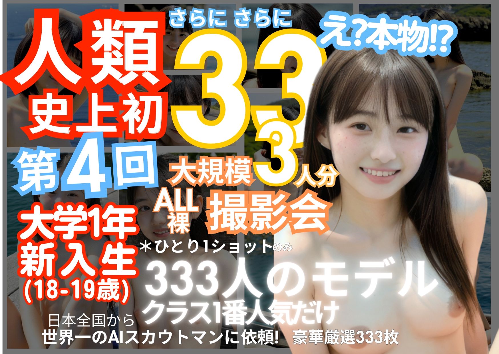 「人類史上初！前代未聞の333人！大学1年新入生18歳と19歳！ 第4弾「クラスで1番の女の子の裸だけが拝める」Xデー到来！！」